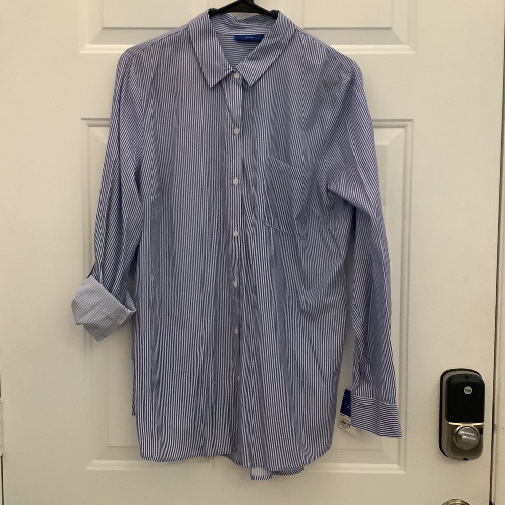 Womens Apt 9 Button Down Tunic Blue Pinstripe Top Blouse‎ XL Soft Versatile NWT